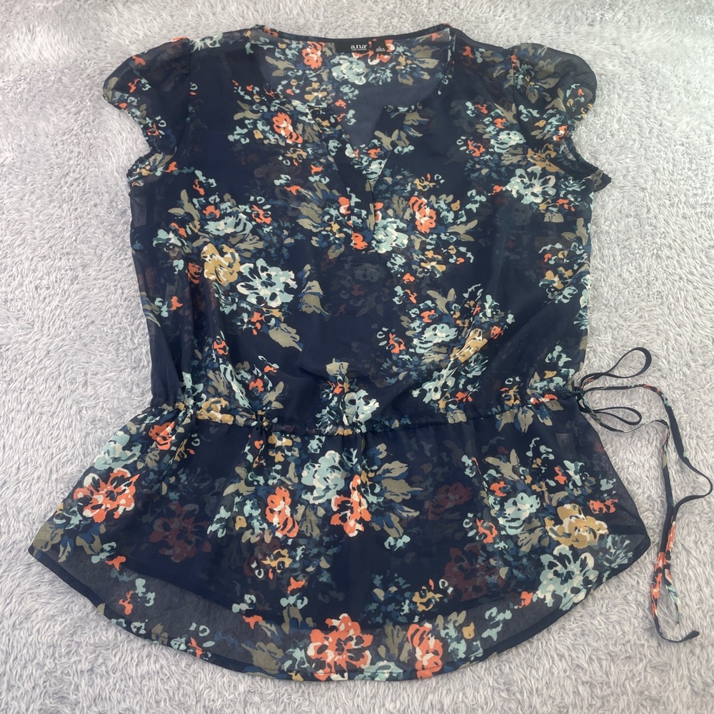 a.n.a Peplum Blouse Womens Large Navy Blue Floral Sheer Cap Sleeve V-Neck Top - Picture 1 of 6